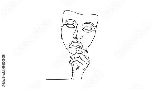 Continuous line drawing hand holding theater mask entertainment performing arts World Theatre Day vector illustration