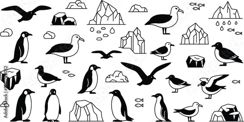 Antarctic Wildlife and Ice Landscape Icon Set Featuring Penguins, Seagulls, Icebergs and Ocean Elements Black and White Collection