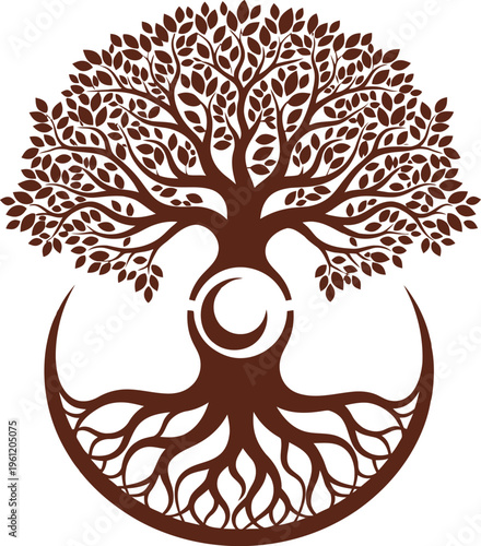 Tree of life with interconnected roots and branches symbol