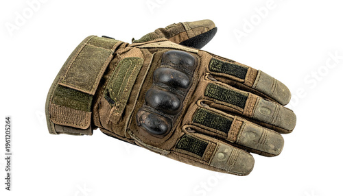 Tactical glove, angled, isolated on black, showing knuckle protection and reinforced palm