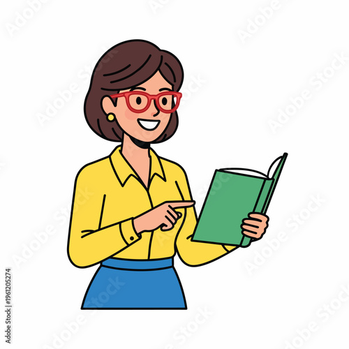 Woman holding a green book smiling.