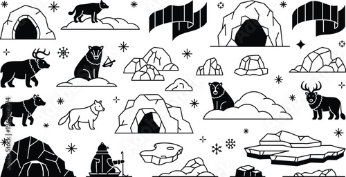 Arctic Landscape and Wildlife Icon Set Featuring Igloos, Polar Bears, Wolves, Icebergs and Snow Elements Black and White Collection