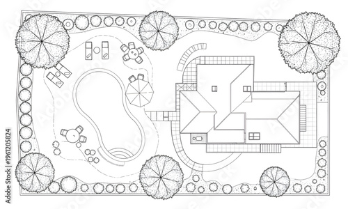 Architectural Landscape Site Plan Vector Illustration of a Modern Residential House with Luxury Swimming Pool Garden Layout and Outdoor Living Space Design Sketch