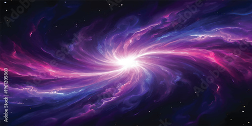 A glowing purple nebula swirls through a dark cosmic universe filled with bright stars and radiant galaxy light to create an abstract fantasy space background