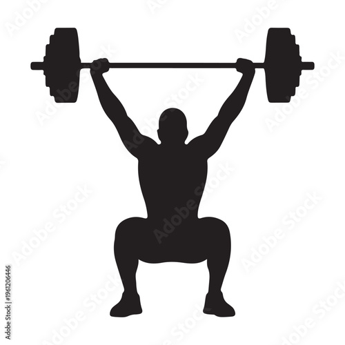 Black silhouette of a weightlifter performing a snatch or overhead squat with the barbell fully extended and knees bent deep vector