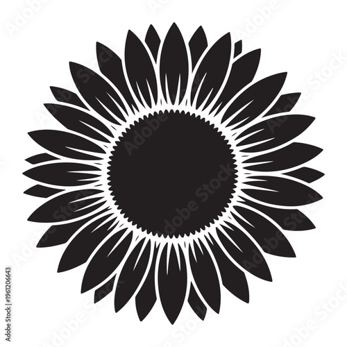 A striking black sunflower design with detailed petals and a central disc a silhouette