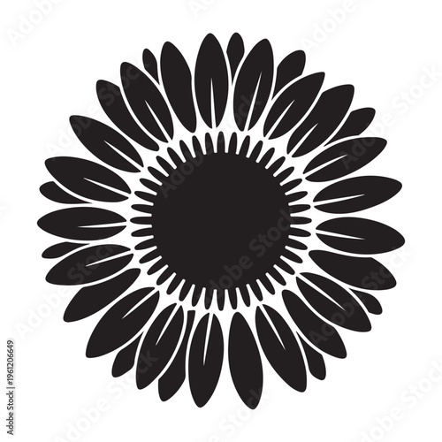 A striking black sunflower design with detailed petals and a central disc a silhouette