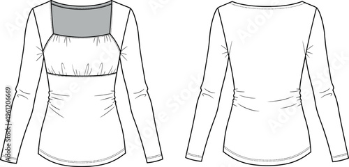 Long Sleeve Square Neck Ruched Front Top Fashion Technical Flat Sketch Vector Template with Empire Waist and Side Gathering Details