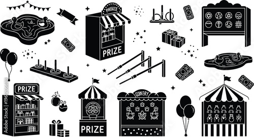 Black and White Carnival Icon Set Featuring Prize Booths, Games, Balloons, and Festive Decorations
