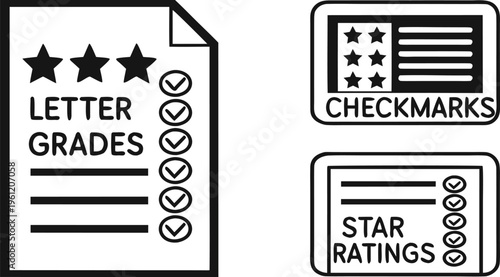 Black and white mark set with letter grades star ratings checkmarks