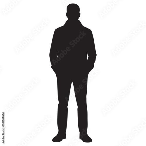 A stark depiction of a man standing with hands in pockets a bold silhouette