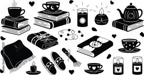Black and White Cozy Home Icon Set Featuring Tea, Candles, Books, and Comfort Items