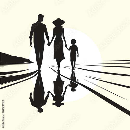 Family Walking on Beach Sunset Silhouette