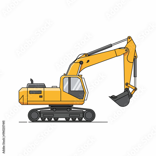 Yellow excavator machine with tracks.