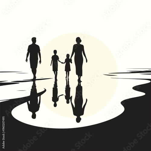 Family Walking on Beach Sunset Silhouette