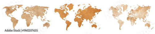 Set of world maps with brown paper and watercolor textures, vintage earth silhouettes, recycled cardboard and sand pattern global maps