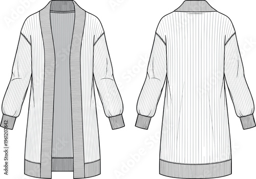 Women Longline Ribbed Knit Cardigan Technical Flat Sketch with Shawl Collar and Drop Shoulder Open Front Sweater Jacket Vector Illustration