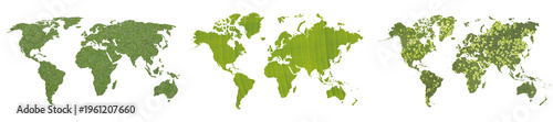 Eco world map set with green grass and leaf textures, sustainable earth concept icons, natural foliage pattern world silhouettes