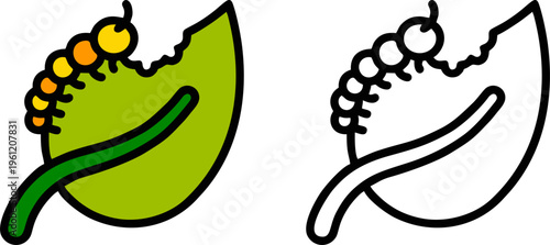 Cute Caterpillar Eating Green Leaf Vector Illustration and Line Art