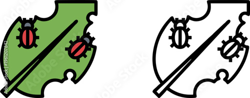 Ladybugs Eating Green Leaf Vector Icon Set With Line Art