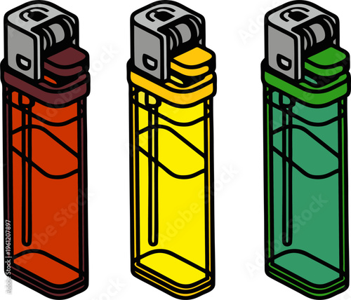Set of Three Colorful Transparent Plastic Gas Lighters Vector Illustration