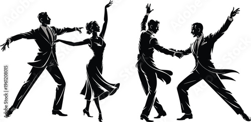 Elegant ballroom dancing silhouettes featuring professional dancers in formal attire performing graceful salsa tango and waltz movements isolated on a clean white background.