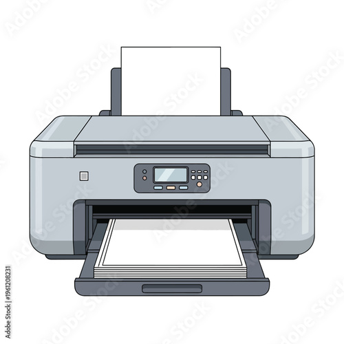A gray printer with open tray.