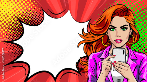 Pop Art Redhead Woman with Smartphone Purple Jacket - Retro Comic Book Style Illustration with Red Speech Bubble