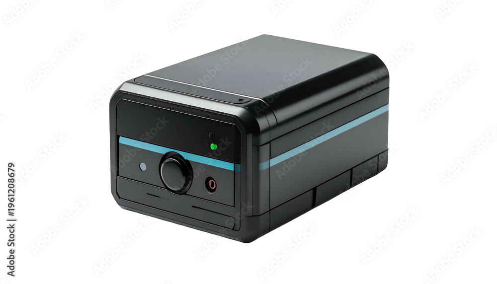 Obraz premium A small, black and teal electronic device, possibly a media player or computer, isolated