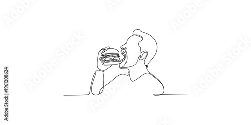 Continuous line drawing of a man eating a hamburger one burger food appetite hunger simple
