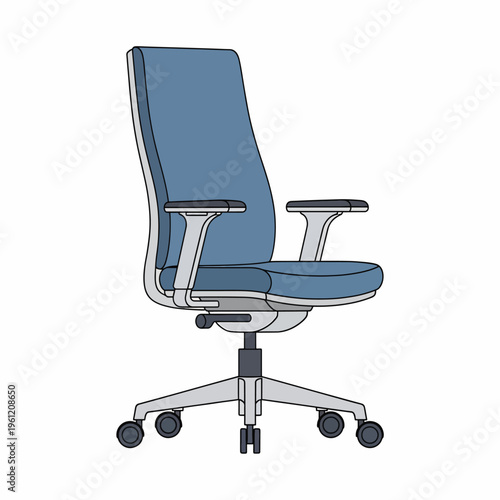 Blue office chair with armrests wheels.