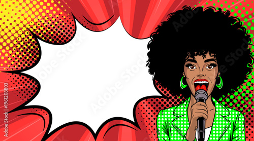 Pop Art African American Woman with Afro Hair Singing with Microphone - Retro Comic Book Style Illustration with Red Speech Bubble