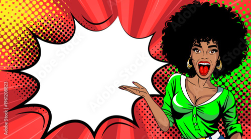 Pop Art African American Woman with Afro Hair Gesturing - Retro Comic Book Style Illustration with Red Speech Bubble and Comic Elements