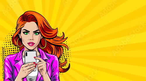 Pop Art Redhead Woman with Smartphone Purple Jacket - Retro Comic Book Style Illustration on Yellow Sunburst Background