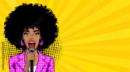Pop Art African American Woman with Afro Hair Singing with Microphone - Retro Comic Book Style Illustration on Yellow Sunburst Background