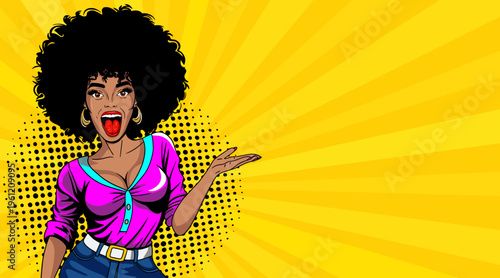 Pop Art African American Woman with Afro Hair Gesturing Presenting - Retro Comic Book Style Illustration on Yellow Sunburst Background