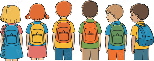 Collection of diverse school children from back view wearing colorful backpacks for elementary education learning students starting school and childhood development concept vector.