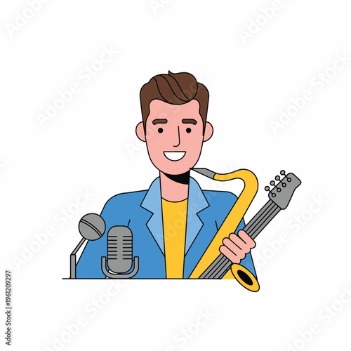 Man Holding Saxophone and Microphone.