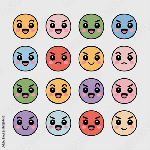 A collection of various cartoon emoticon faces expressing different emotions on white background with colorful illustrations.