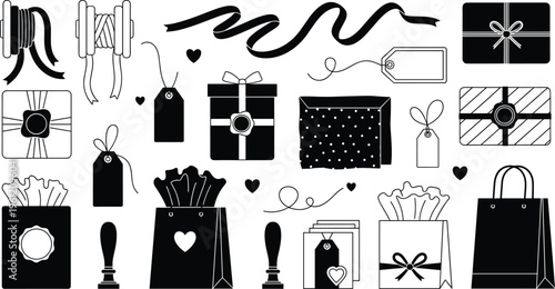 Black and White Gift Wrapping Icon Set Featuring Ribbons, Tags, Boxes, and Shopping Bags