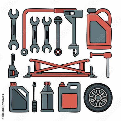 A collection of various tools and equipment for car maintenance on a workshop table.
