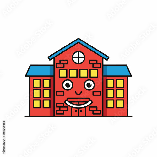 Colorful cartoon school building smiling face.