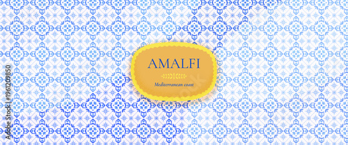 Mediterranean tile pattern with Italian ceramic mosaic design. Watercolor blue ornament inspired by Amalfi coast. Perfect for summer backgrounds, banners, and decorative tile projects.