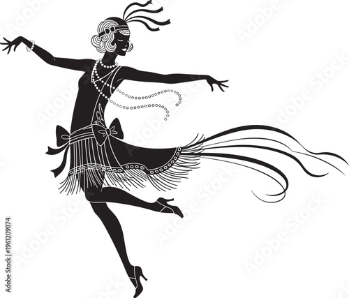 Elegant 1920s flapper dancer in vintage jazz age outfit, swinging pearls, feather headband, dynamic pose, roaring twenties fashion, flat vector illustration