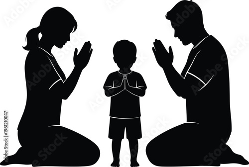family prayer silhouette, parents and child praying together, spiritual bonding moment, faith and devotion concept, religious family unity illustration