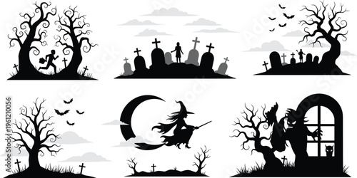 Halloween spooky graveyard scenes set witch cemetery silhouettes bats dark night vector illustration collection horror design