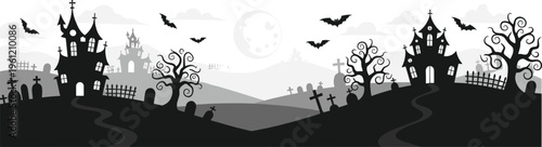 Halloween landscape banner with haunted houses graveyard bats moon spooky night silhouette vector illustration panoramic background design