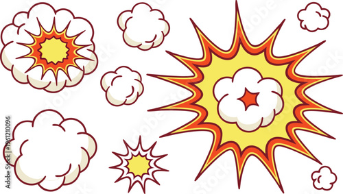 Cartoon explosive smoke clouds set with red orange and yellow colors