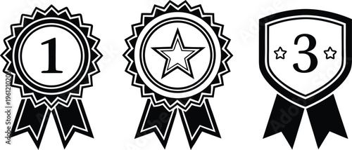 Black and white ranking badges with numbers and stars ribbon rosette shield