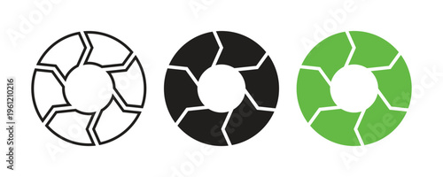 Set of three circular segmented arrow symbols in black outline and green for recycling sustainability and business process workflow management. Circular economy loops elements vector design.